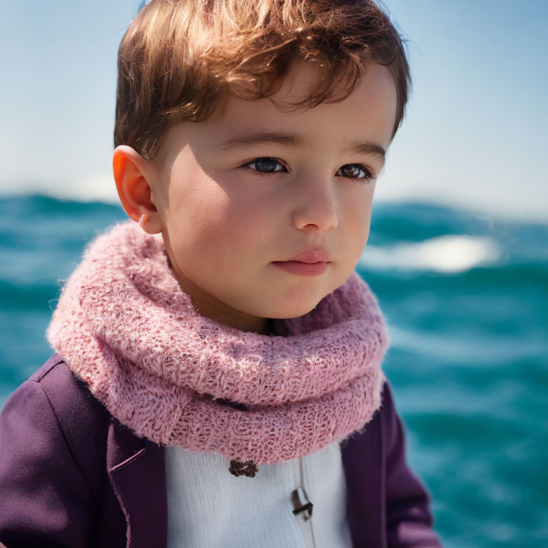 Child in purple jacket and pink scarf by ocean