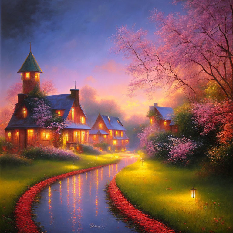 Picturesque village with illuminated cottages, winding river, blossoming trees, and lantern-lit paths