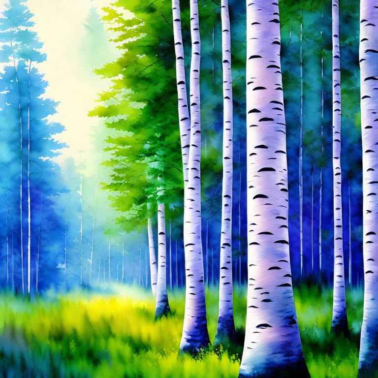 Vivid watercolor painting of birch forest with lush green grass and sunlight.