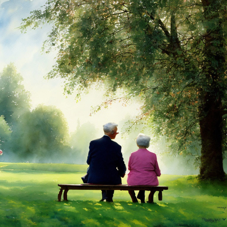 Elderly individuals sitting on park bench on sunny day