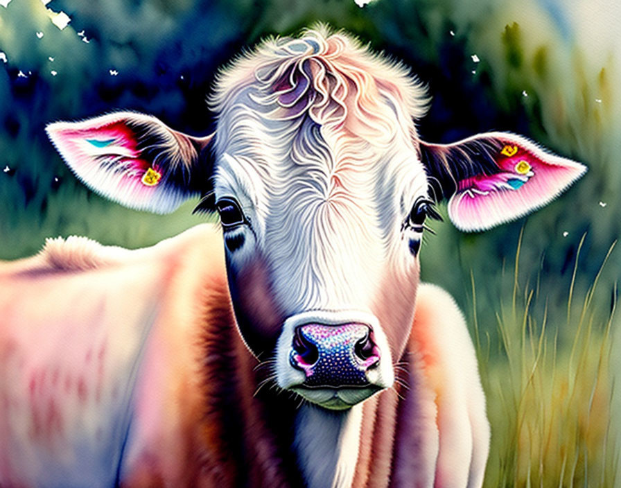 Detailed Cow Illustration with Colorful Face on Green Field Background