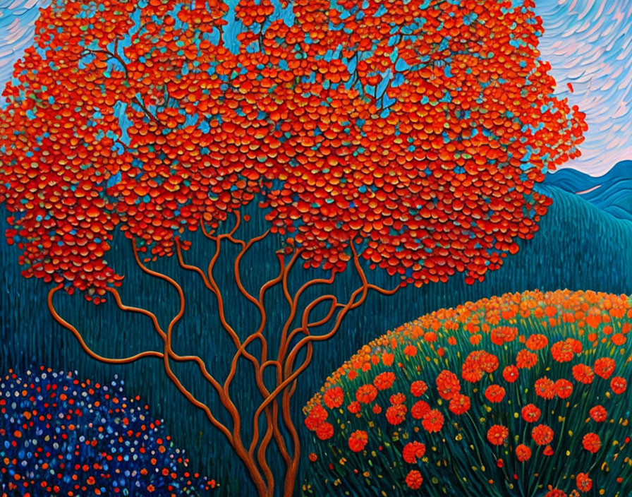 Colorful Tree Painting with Red Foliage and Blue Hills