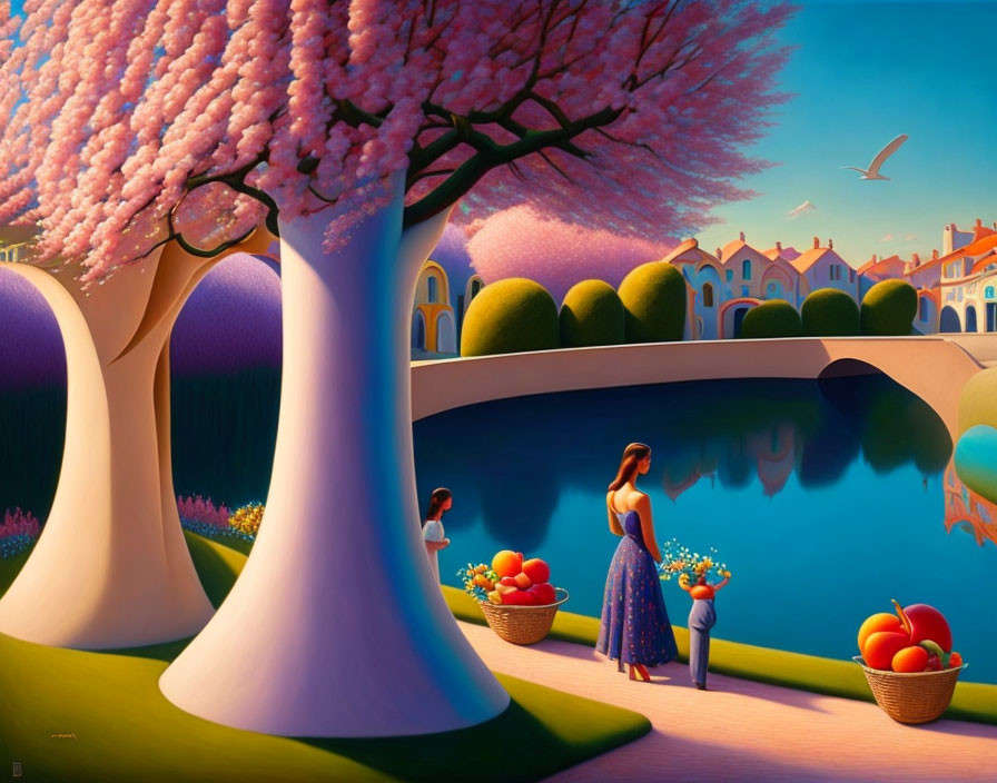 Colorful painting of woman and child by river and blooming trees