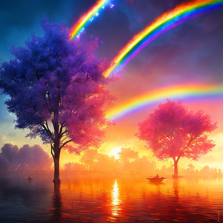 Colorful Double Rainbow Over Sunset-Reflecting Flooded Landscape