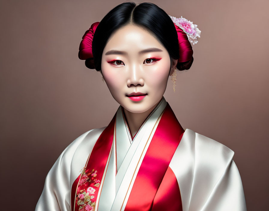 Traditional Korean hanbok with vibrant makeup and red hair ornaments on a woman.