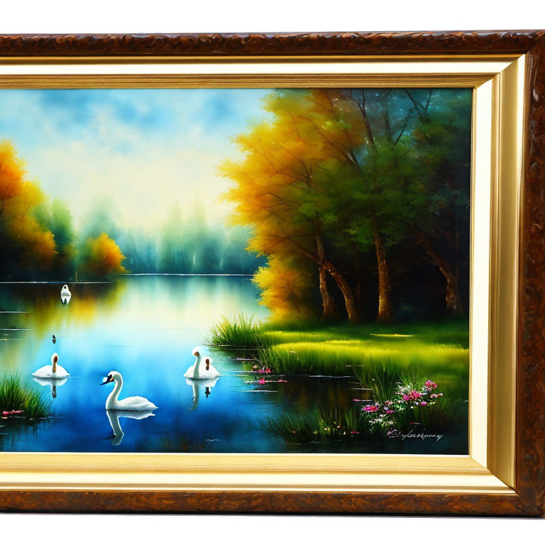 Framed autumn landscape painting with swans on tranquil lake