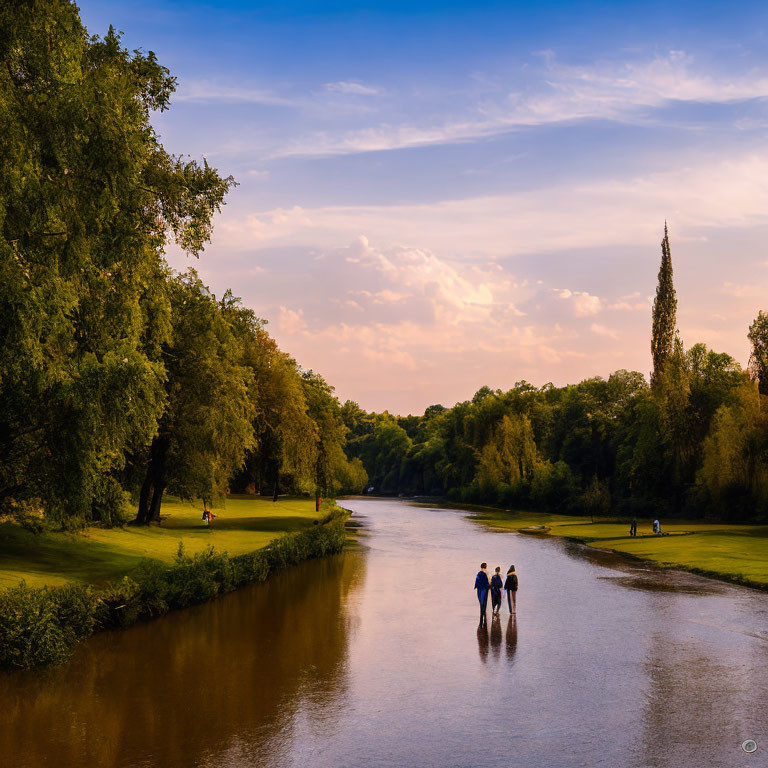 Three People Walking Along Serene River at Sunset