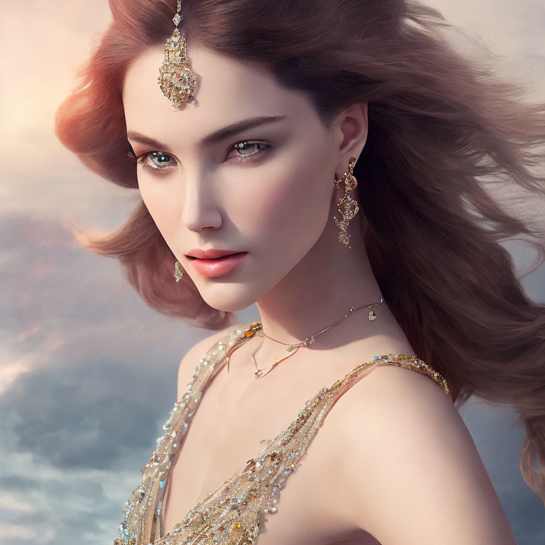 Digital portrait of woman with flowing hair and gold jewelry on cloudy backdrop