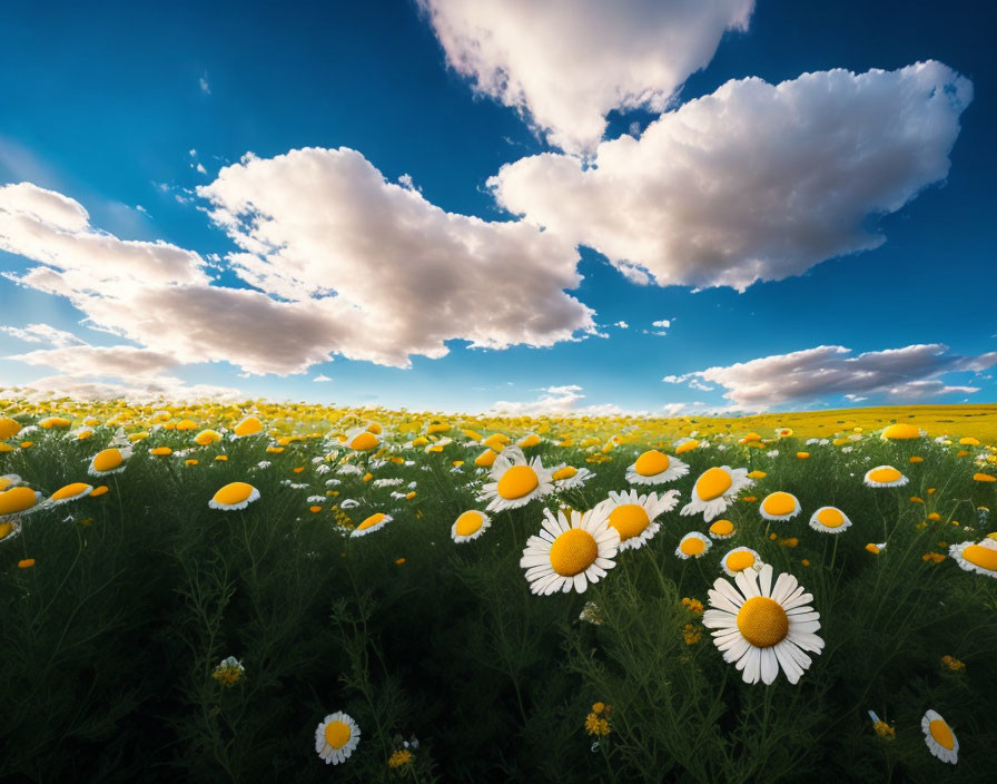 Scenic view of yellow and white daisies under blue sky