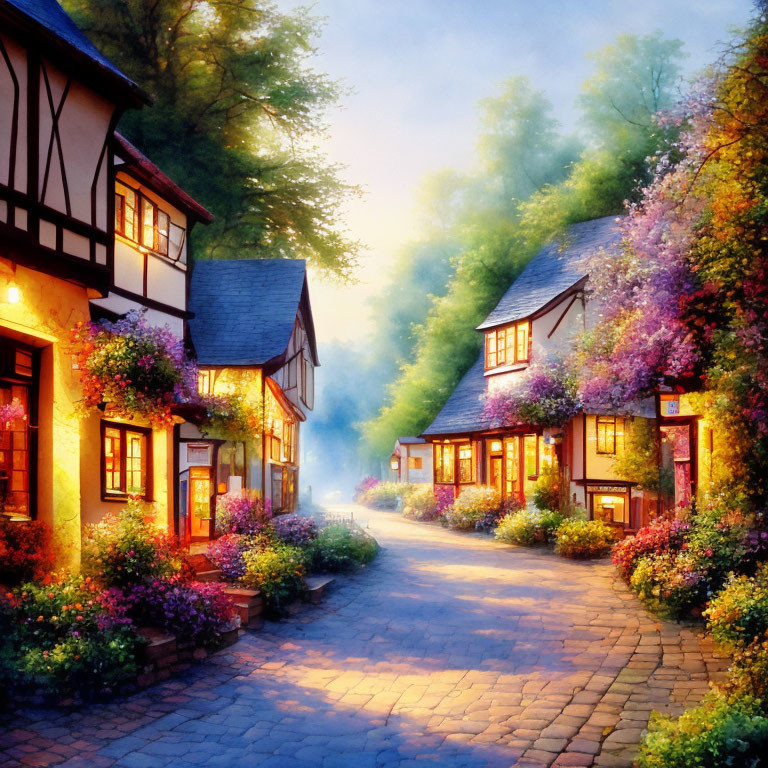 Picturesque street with colorful cottages and warm lights at twilight