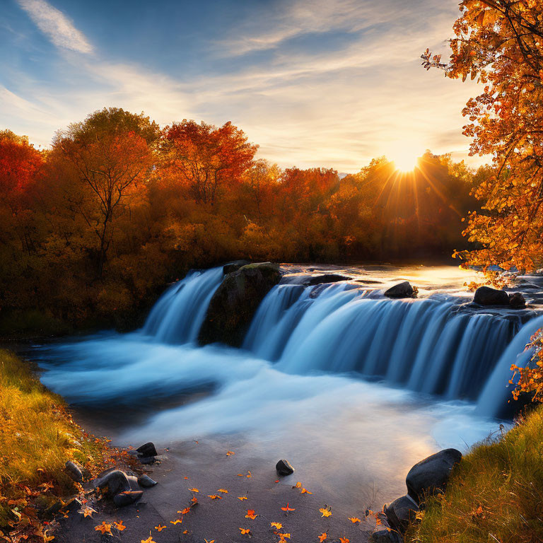 Tranquil waterfall in autumn forest with sunlight peeking through trees