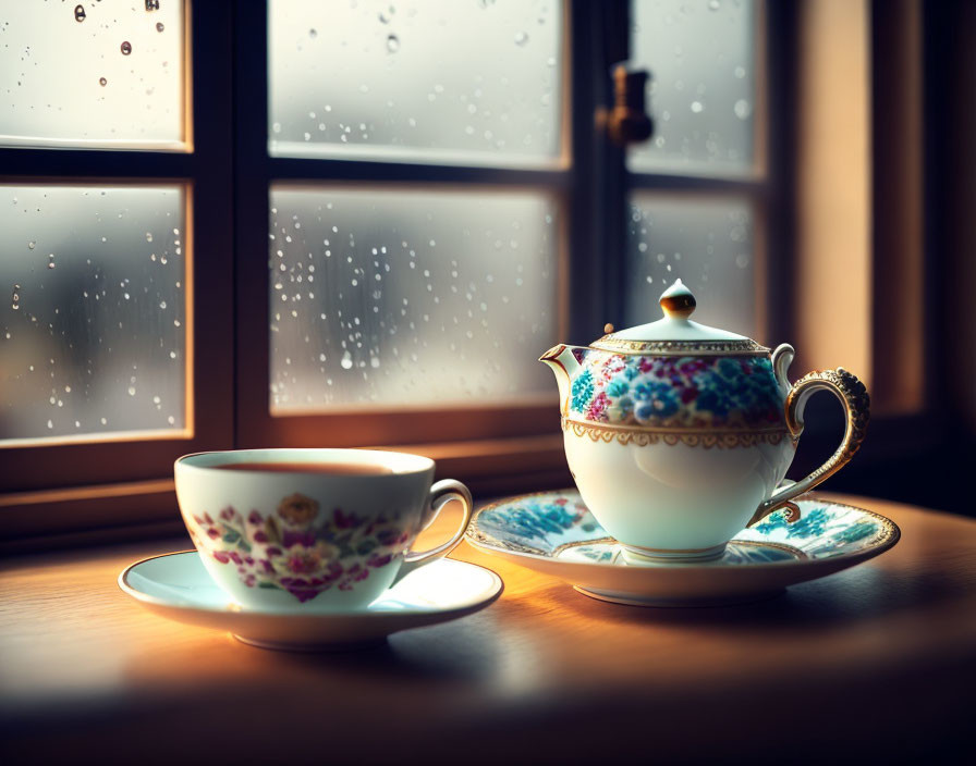 Vintage Teapot and Cup Set by Rainy Window in Warm Light