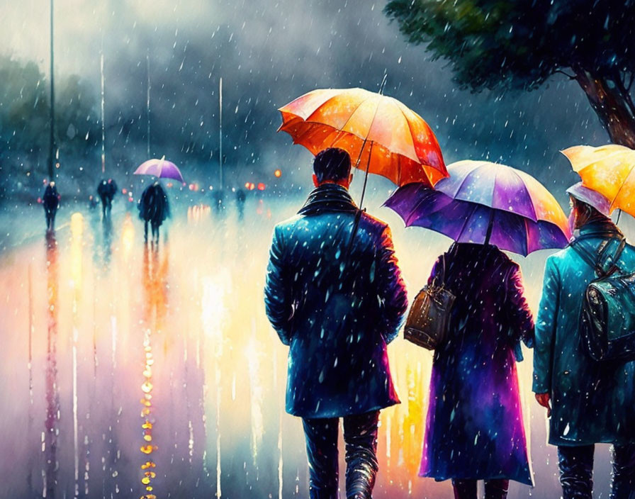 Colorful umbrellas in rain reflecting lights on wet street