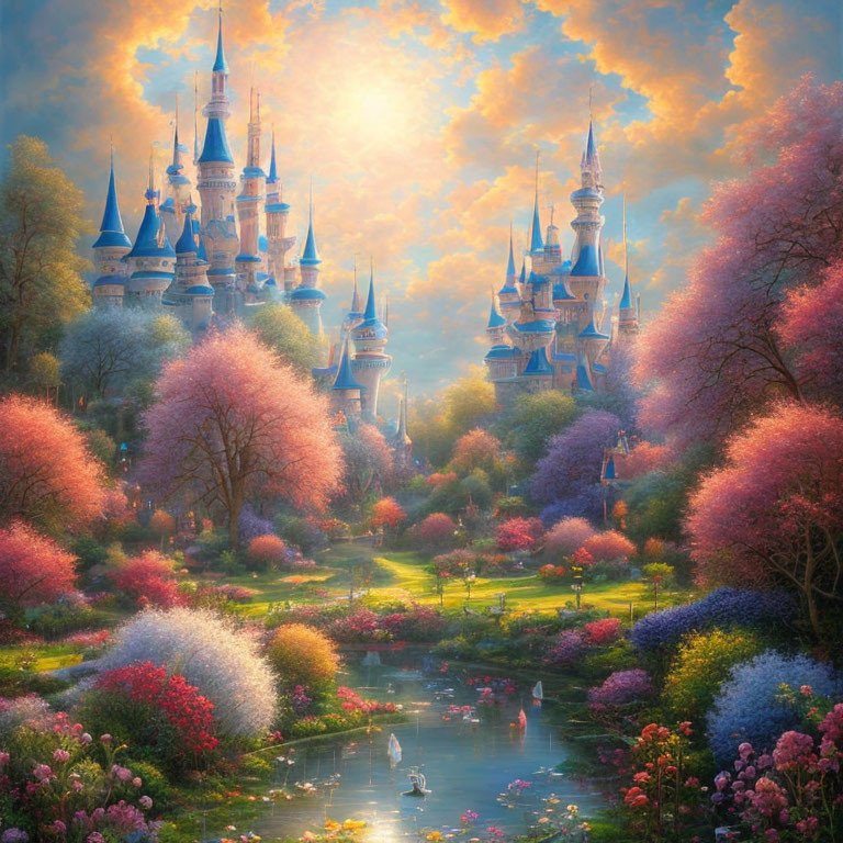 Majestic fairytale castle in vibrant garden with river and swans at sunrise or sunset