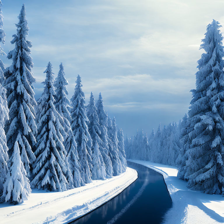 Snow-covered pine trees in serene winter landscape with curving road