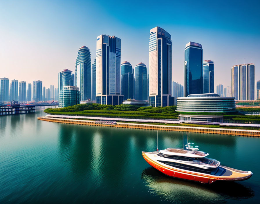 Luxury yacht sailing near modern skyline with sleek skyscrapers