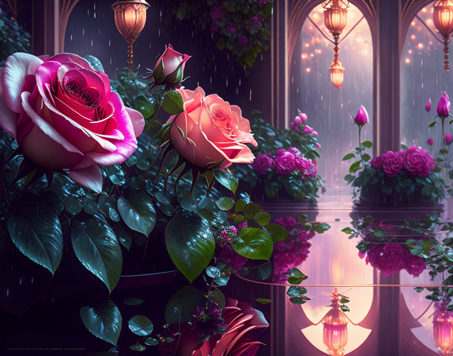 Twilight garden scene with pink roses, reflective water, lanterns, and raindrops