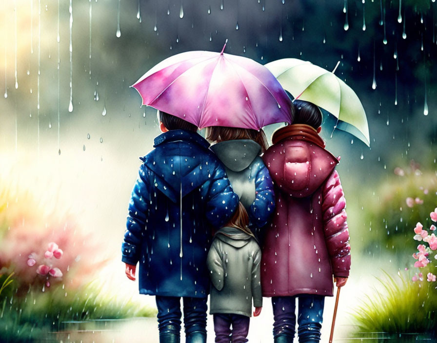 Three children with colorful umbrellas in the rain with flowers.