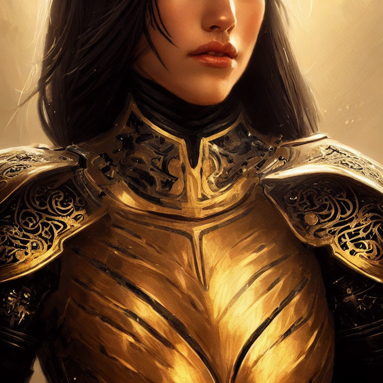 Detailed Close-Up of Woman in Ornate Golden Armor and Tousled Dark Hair