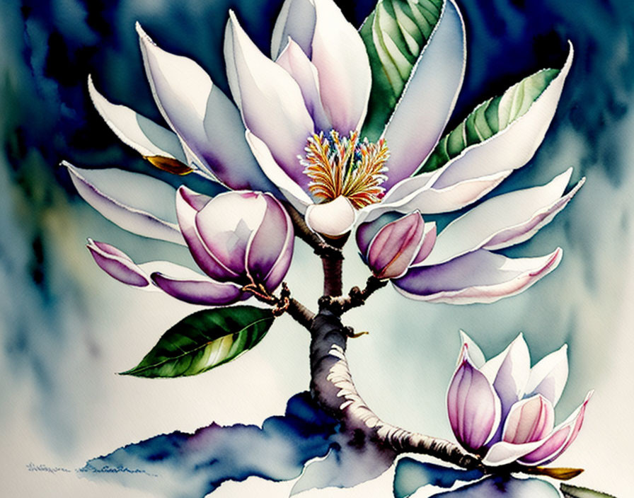 Magnolia Branch Watercolor Painting with White and Purple Blossoms