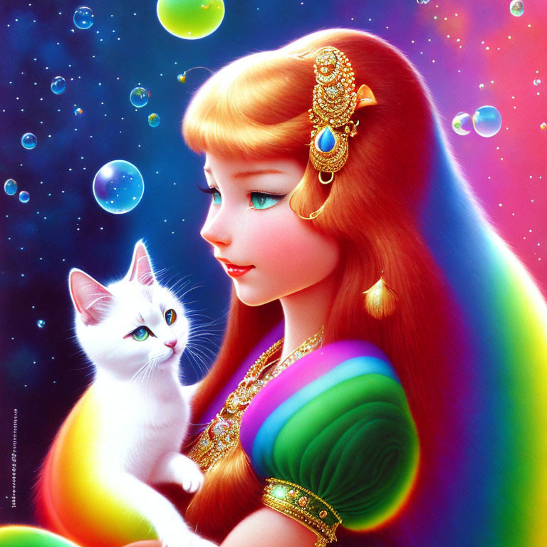 Vibrant illustration of girl with golden hair and white kitten in iridescent bubble-filled scene