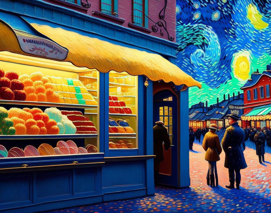 Nighttime street scene with bakery, starry sky, vintage shoppers, and vibrant colors.