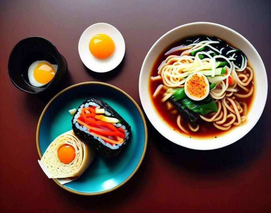 Japanese cuisine spread on dark surface: udon noodles, egg, green onions, sushi, tamag