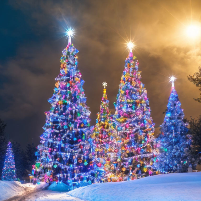 Colorful lights on Christmas trees under a starry night sky with snow-covered ground.