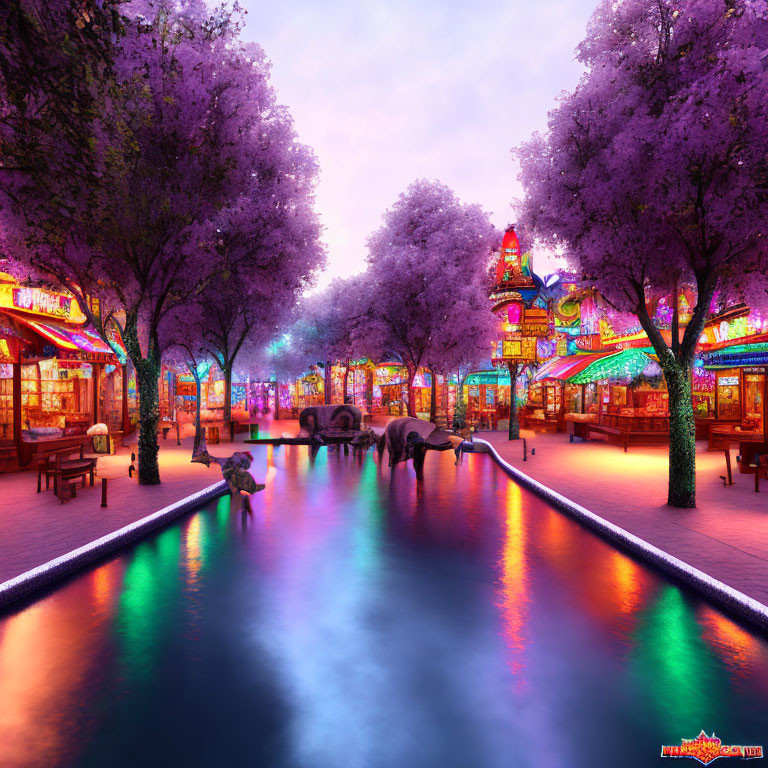 Colorful Dusk Scene: Purple Trees, Water Canal, Traditional Architecture