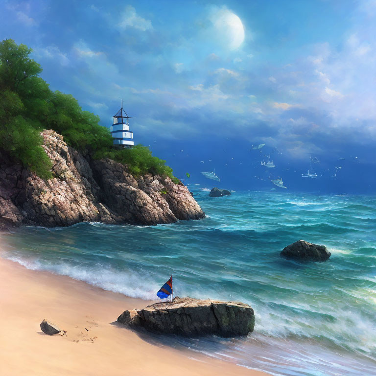 Tranquil coastal landscape with lighthouse, sailboats, and rocky cliffs