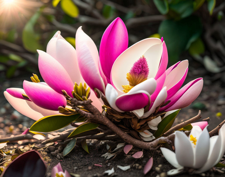 Pink and White Magnolia Flowers in Bloom with Soft-focus Background