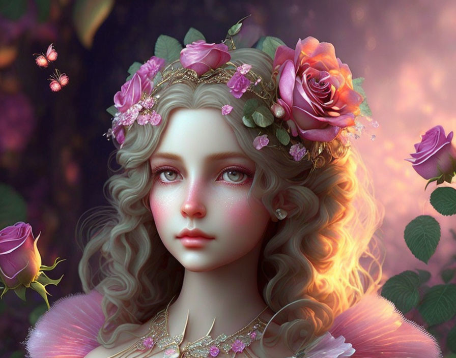 Digital artwork of a female figure with pale skin, blonde hair, roses, butterflies, and dreamy