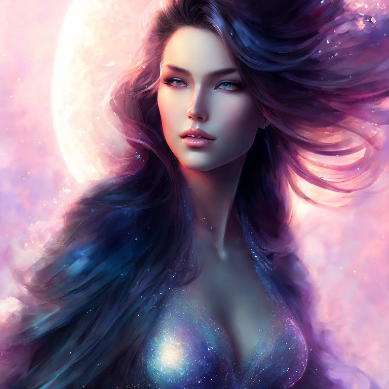 Illustration of woman with flowing hair in blue and purple hues under luminous moon