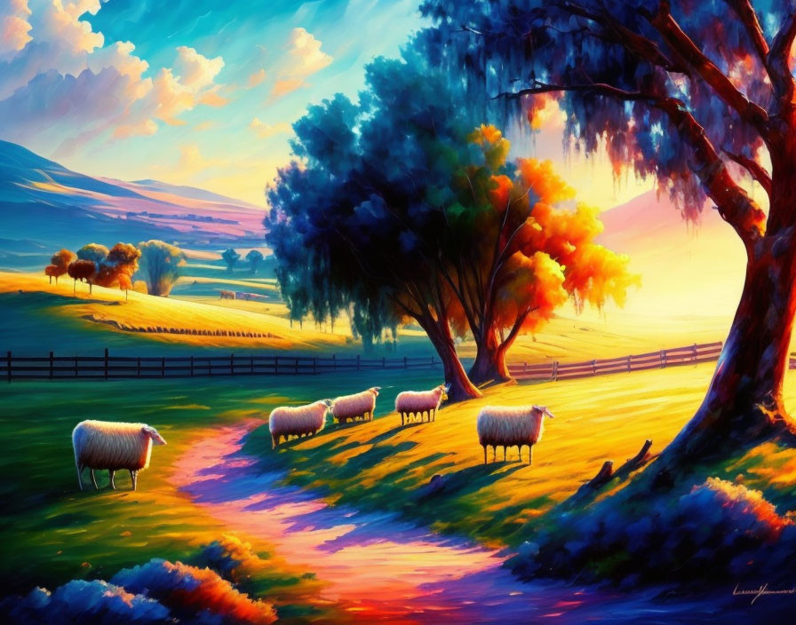 Colorful sunset painting of sheep under tree in pastoral landscape