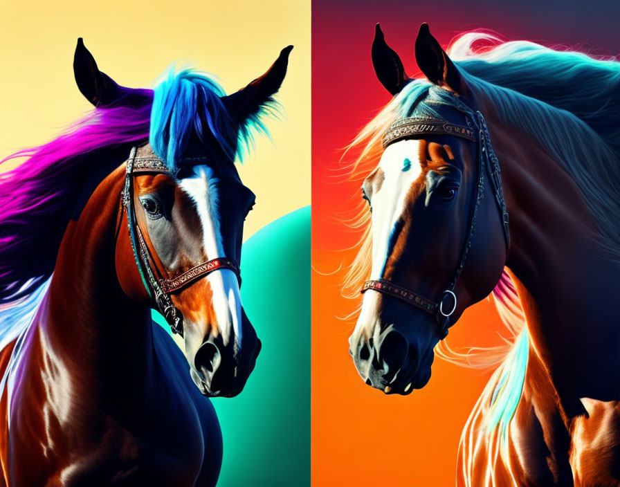 Vibrant multicolored manes on two horses against split complementary background