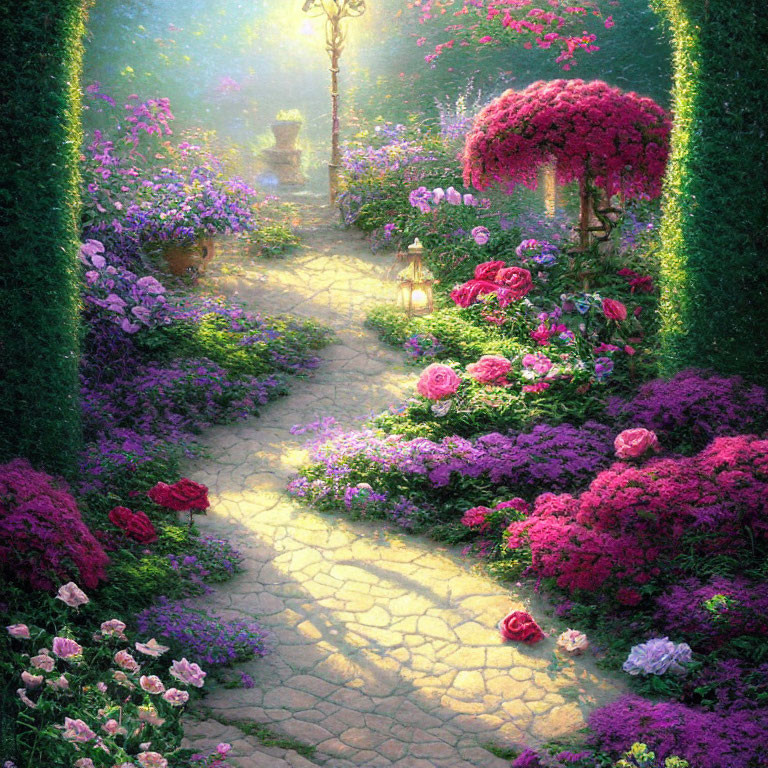 Vibrant garden path with flowers, foliage, statue, and lanterns at dusk or dawn