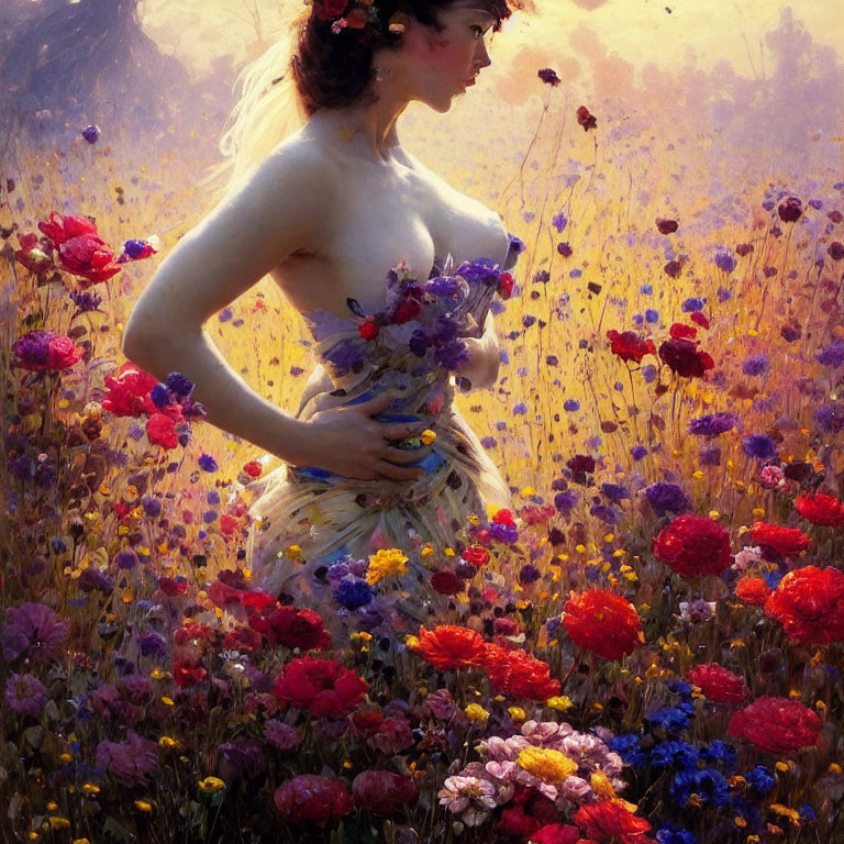 Woman in Floral Dress Surrounded by Wildflowers and Sunlight