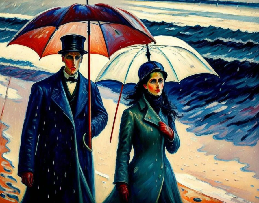 Stylized painting of man and woman with umbrellas by ocean