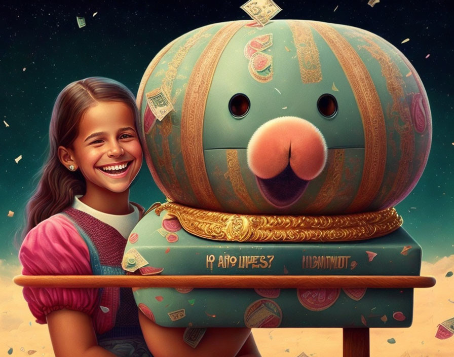 Smiling girl with watermelon clown piggy bank and money swirl