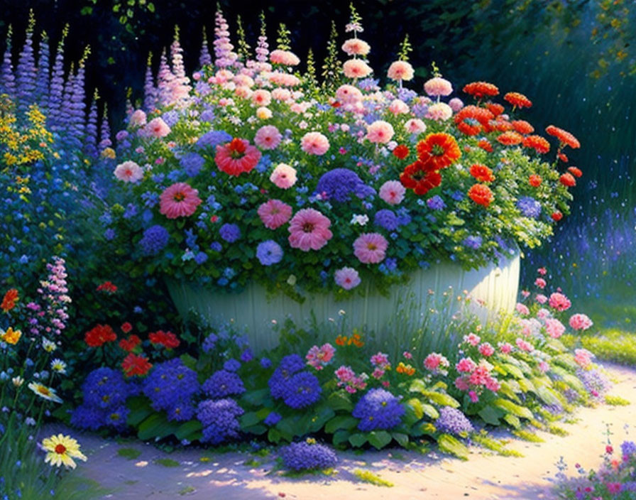 Colorful Flower Bed Overflowing in Garden with White Container