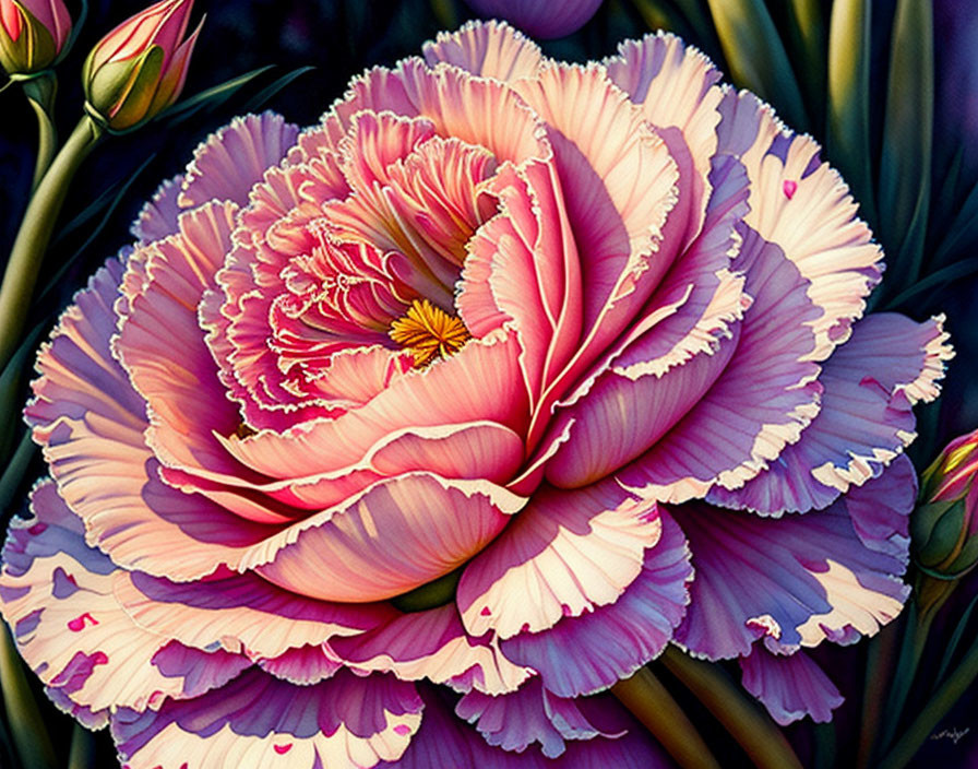 Detailed Painting of Lush Pink Peony with Ruffled Petals