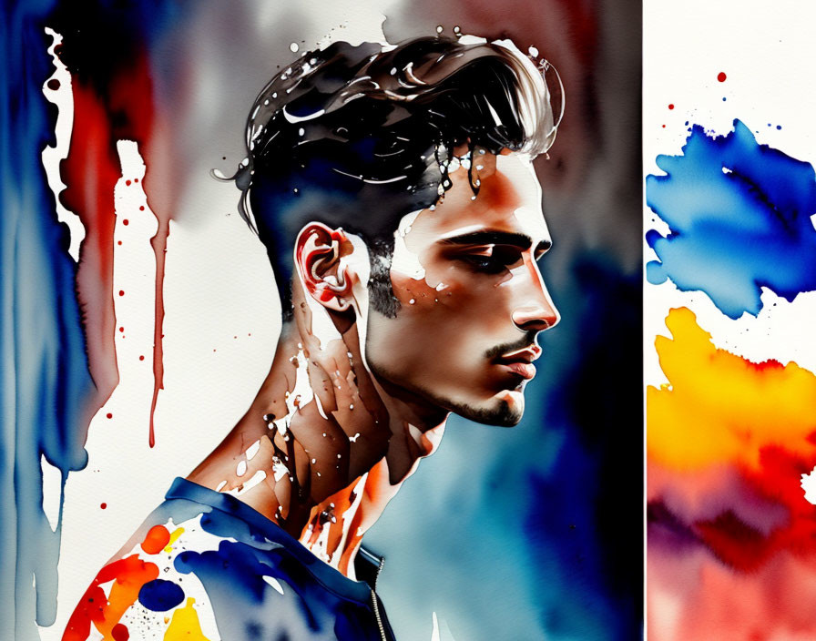 Vibrant Watercolor Portrait of Man in Profile