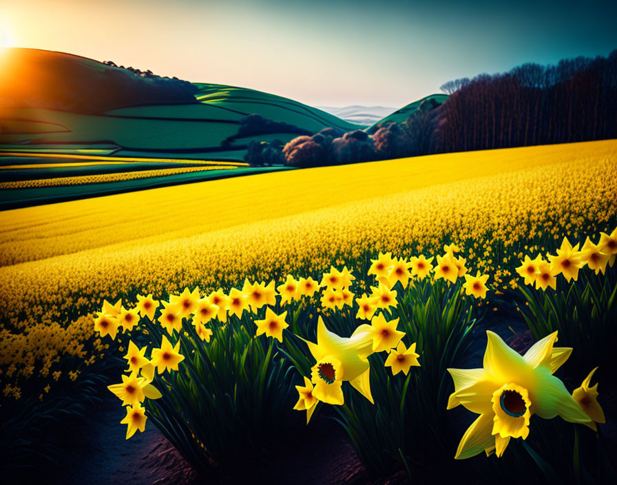 Scenic sunset landscape with yellow daffodils and green hills