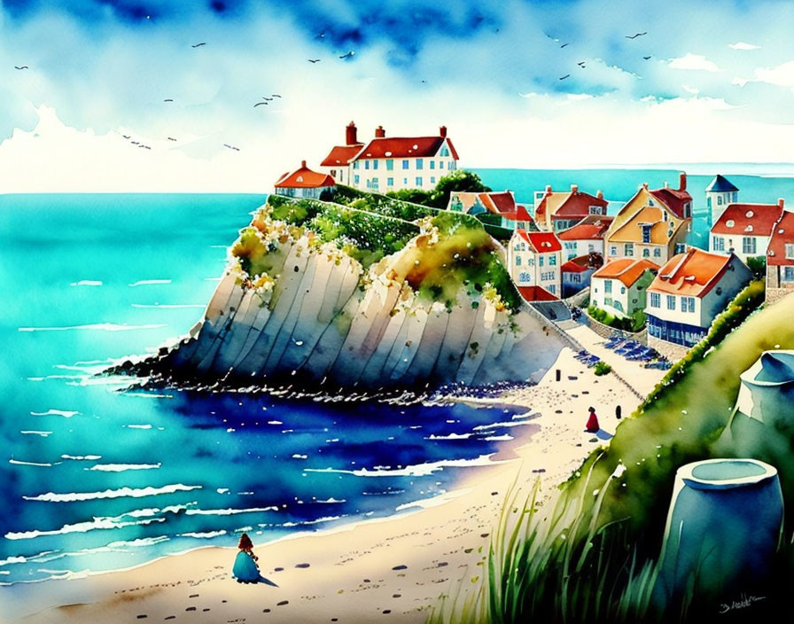 Coastal village watercolor painting with cliff houses and beach scene