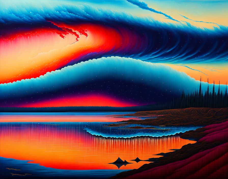 Surreal landscape digital art with fiery colors and wave-like sky