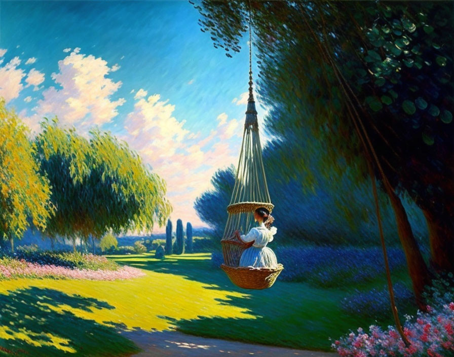 Woman in white dress on swing in vibrant garden with sunlight.