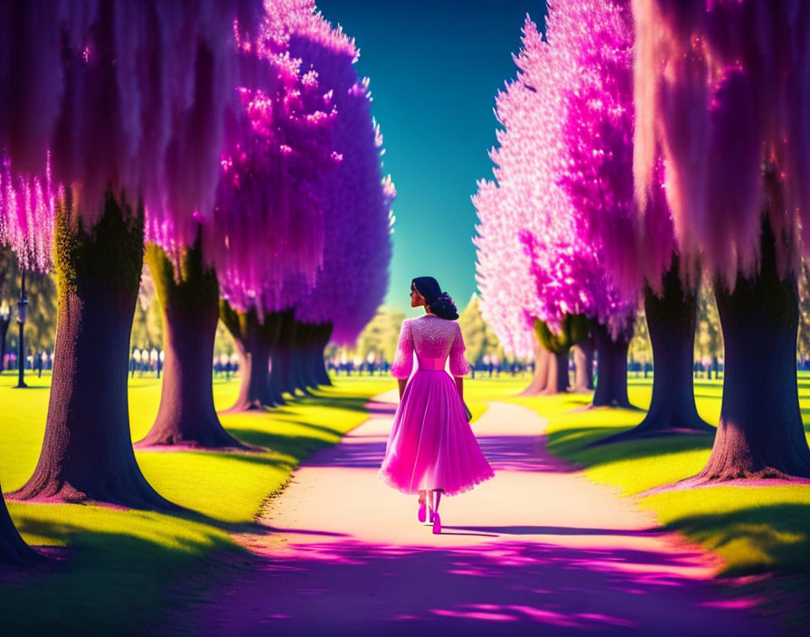 Woman in Pink Dress Walking Among Vibrant Purple Trees