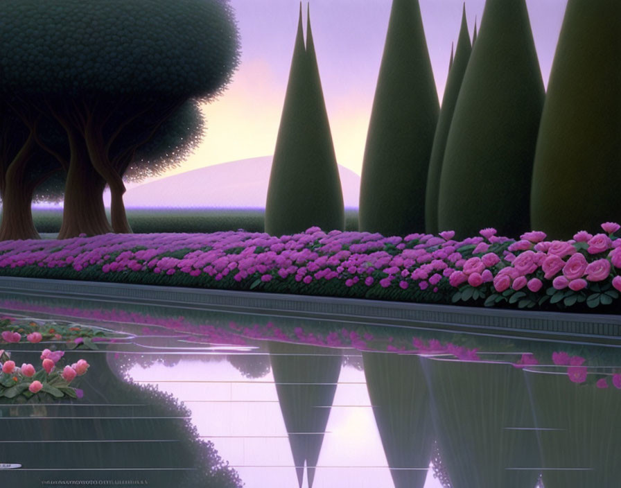 Tranquil landscape with trimmed trees, pink flowers, and reflective water