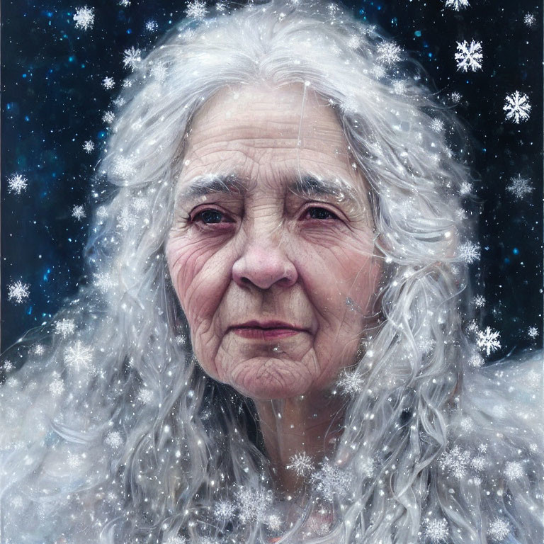 Elderly woman with white hair in snowfall under starry sky