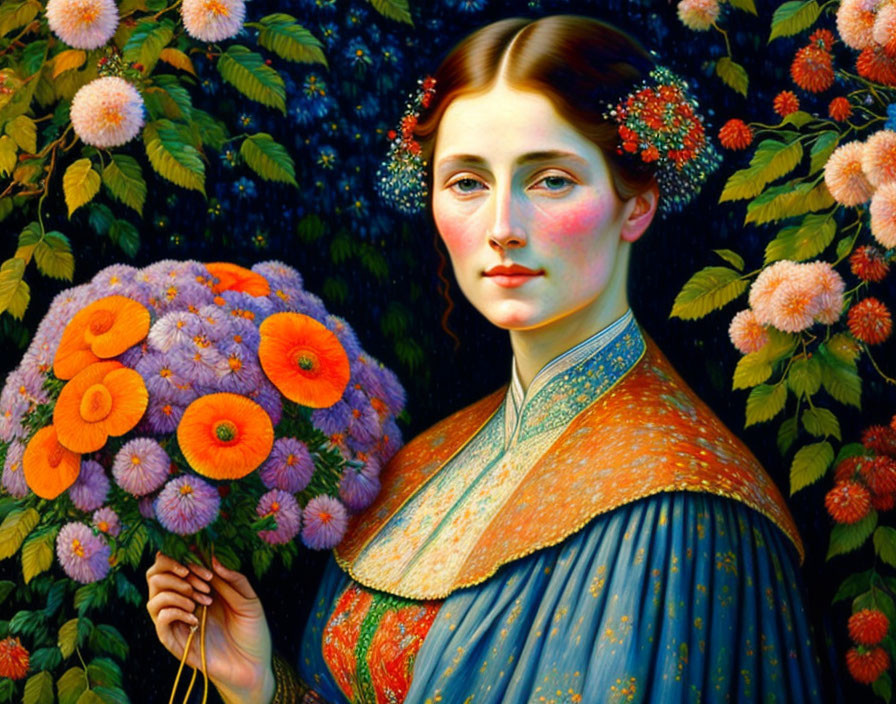 Serene woman with purple and orange flower bouquet in nature.